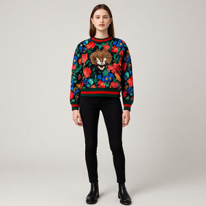 Floral Patchwork screen Print Sequin Tiger Sweatshirt Large